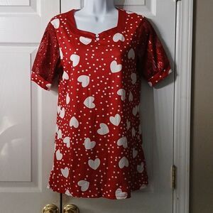 Valentine's Day Hearts love print short sequin sleeve top blouse Sz S NWOT